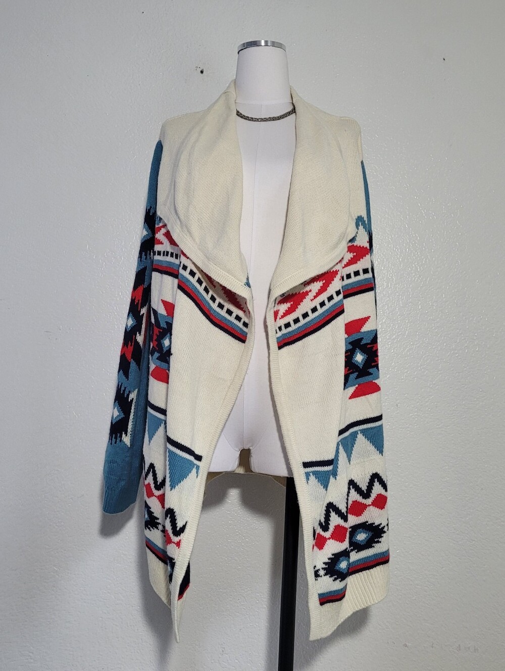 Wrangler Retro Open-Front Aztec Print Cardigan Sweater in Cream Teal Size Large - Picture 2 of 8